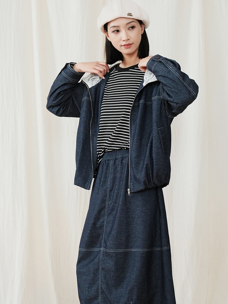 

Bukhara Original Women's Fashion Splicing Denim Loose Slimming Jacket Casual Style Long Sleeve Zipper Closure Hooded Coat