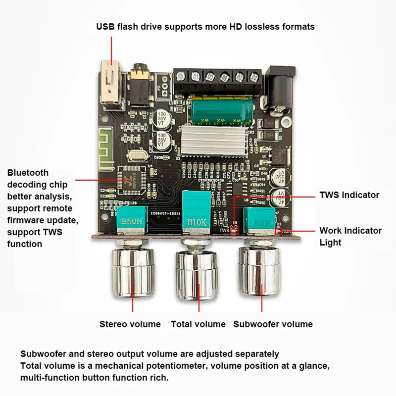 

ZK-LT23 2,1-канальный модуль платы аудиоусилителя Bluetooth 50 Вт + 50 Вт + 100 Вт сабвуфер TWS True Wireless Audio Board DC9-24V