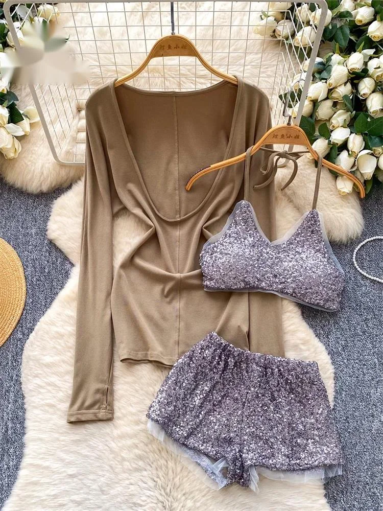 

Sequins Beach Swimsuits Slim Deep Neck Top+Halter Lingerie Top+Mini Shorts Summer Spicy Girl Seaside Three Pieces Sets