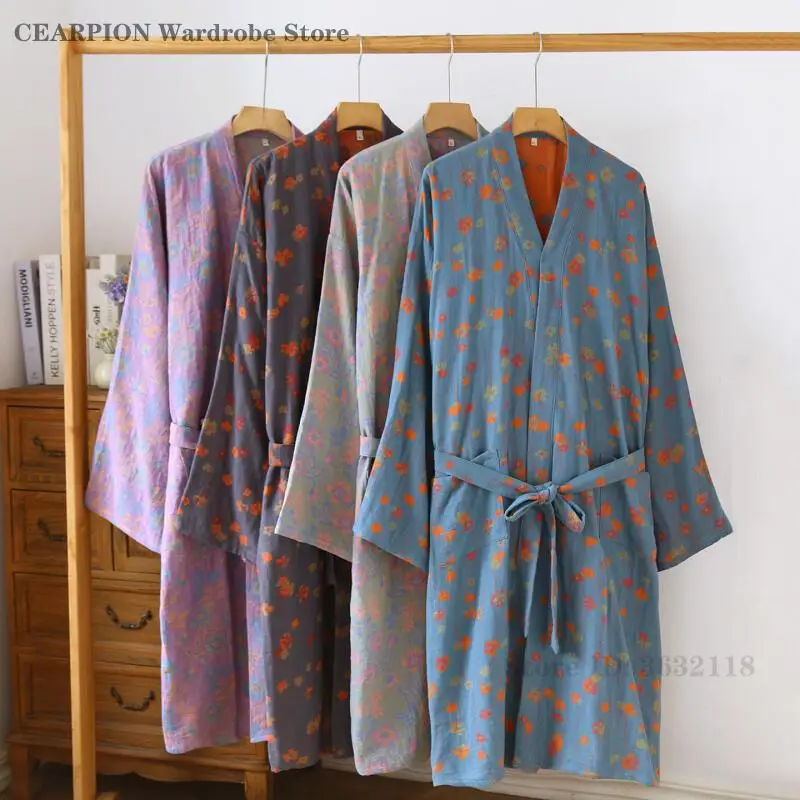 رداء الزوجين ملابس نوم غير رسمية مطبوعة على شكل زهرة ثوب نوم نسائي رداء حمام رجالي كيمونو ربيع الخريف يوكاتا عرق على البخار ملابس #1