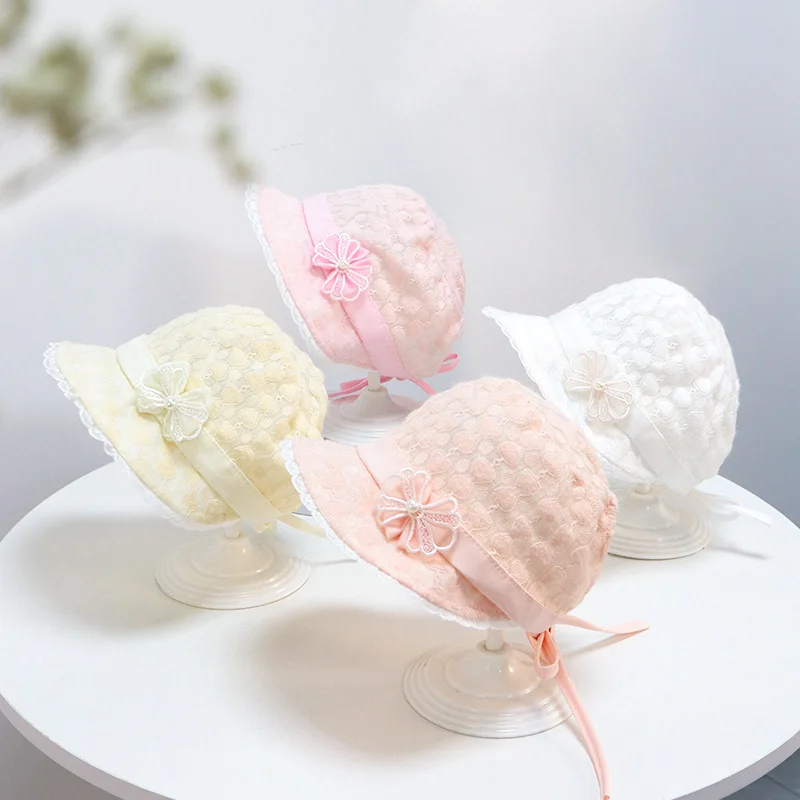 

Baby Girls Hats Pleated Blossom Beret Lace Pearl Hat Sun Shade Cap