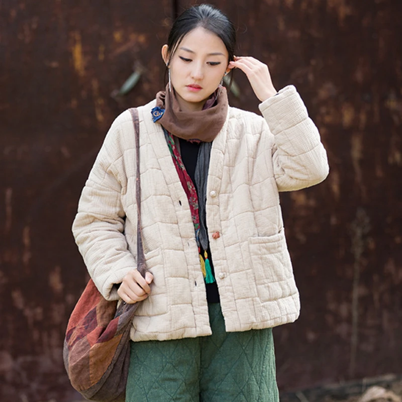 

Толстые теплые стеганые пальто из хлопка и льна, женское новое поступление, зима 2025 года, винтажный стиль, однотонные женские повседневные куртки с v-образным вырезом, M2099