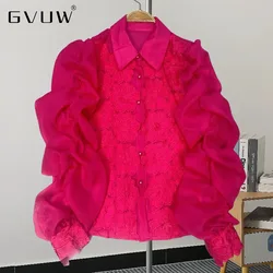 GVUW Appliques Shirts Women Gauze Lapel Single Breasted Solid Color Fashion Niche Design New 2024 Versatile Clothing 17G8211