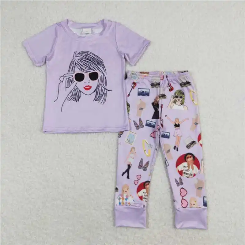 Hot Sale fashion RTS boutique Dark Purple shirt bell bottom kids clothes sets girls spring fall outfits Sets for children wear