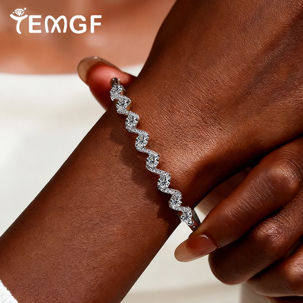 

TEMGF 4mm Zircon/Moissanite Bangle for Women 925 Sterling Silver Wave Bracelet Snap-fit Design Wrist Fine Jewelry Gifts 2.4CT