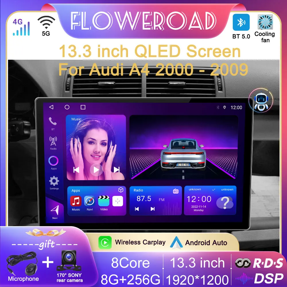 

Автомобильный видеоплеер, 13,3 дюймов, Android 12, для Audi A4 B6 B7 S4 RS4 2000 2001 2001-2008 2009, GPS Carplay 8 ГБ + 256 ГБ