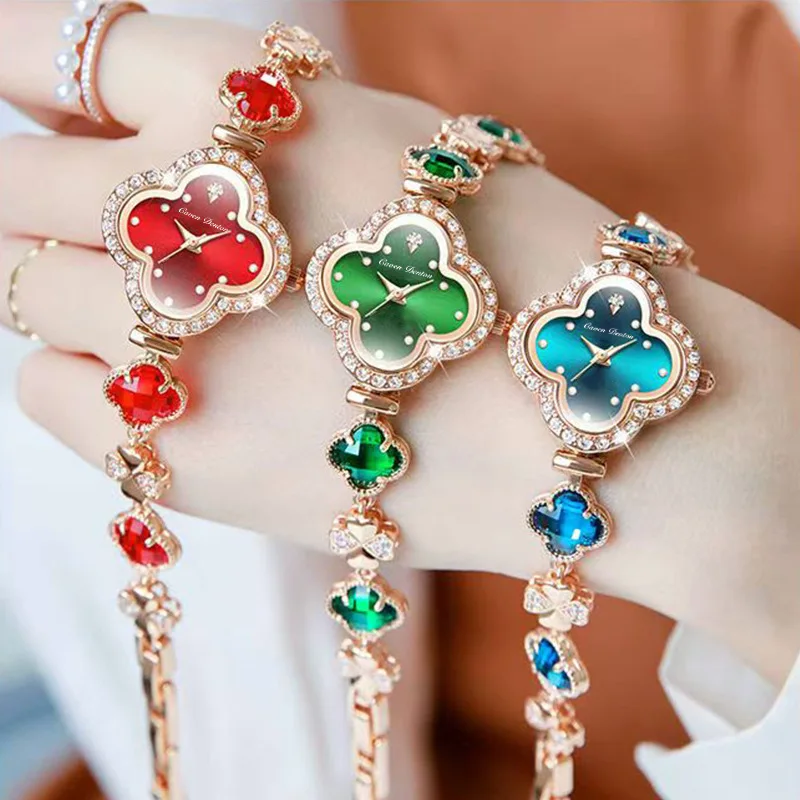 CAVEN DENTON Women Watch Fashion Four-Leaf Clover Ladies' Watch with Gemstone-Inset Diamond Bracelet Fashion Dress Watch Gifts