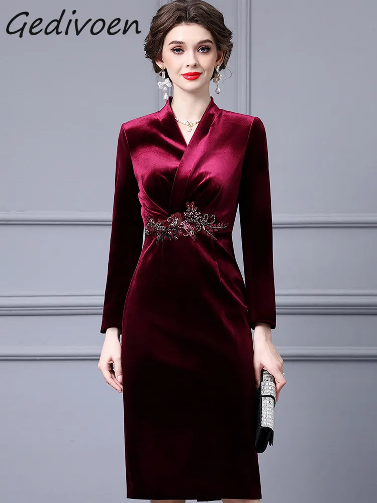 

Gedivoen Autumn Fashion Designer Wine Red Luxury Dress Women V Neck Long Sleeve Diamond Beading Package Buttocks Slim Long Dress