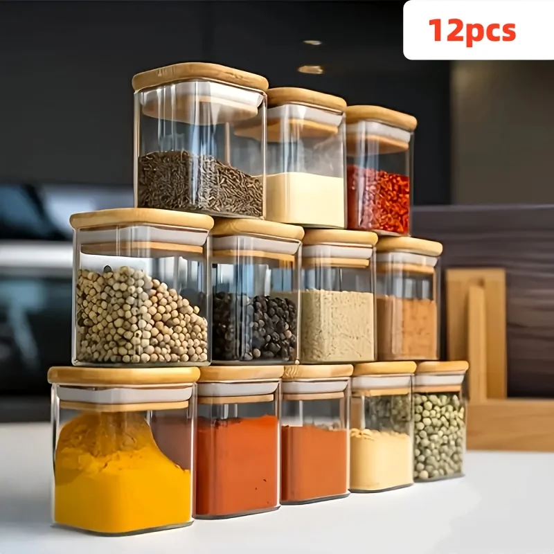 2/4/6/12Pcs-400Ml Square Glass Sealed Jars, Kitchen Food Storage Containers, Food Storage Jars with Lids, Cookie Jars, Sugar Jars, Coffee Storage Jars, Suitable for Coffee, Cookies, Candy, Kitchen Spices, Oatmeal, Household Snacks Storage, Kitchen Storage Containers - view 5