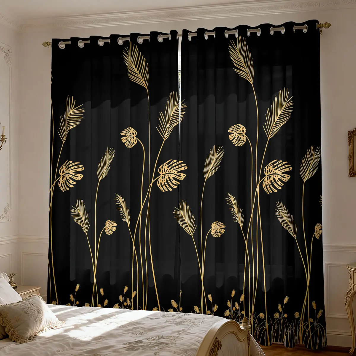 2pcs Reed Plants 90g Woolen Cloth Perforated Print Curtains Multi Size Living Room Bedroom Insulation Light Blocking Decoration