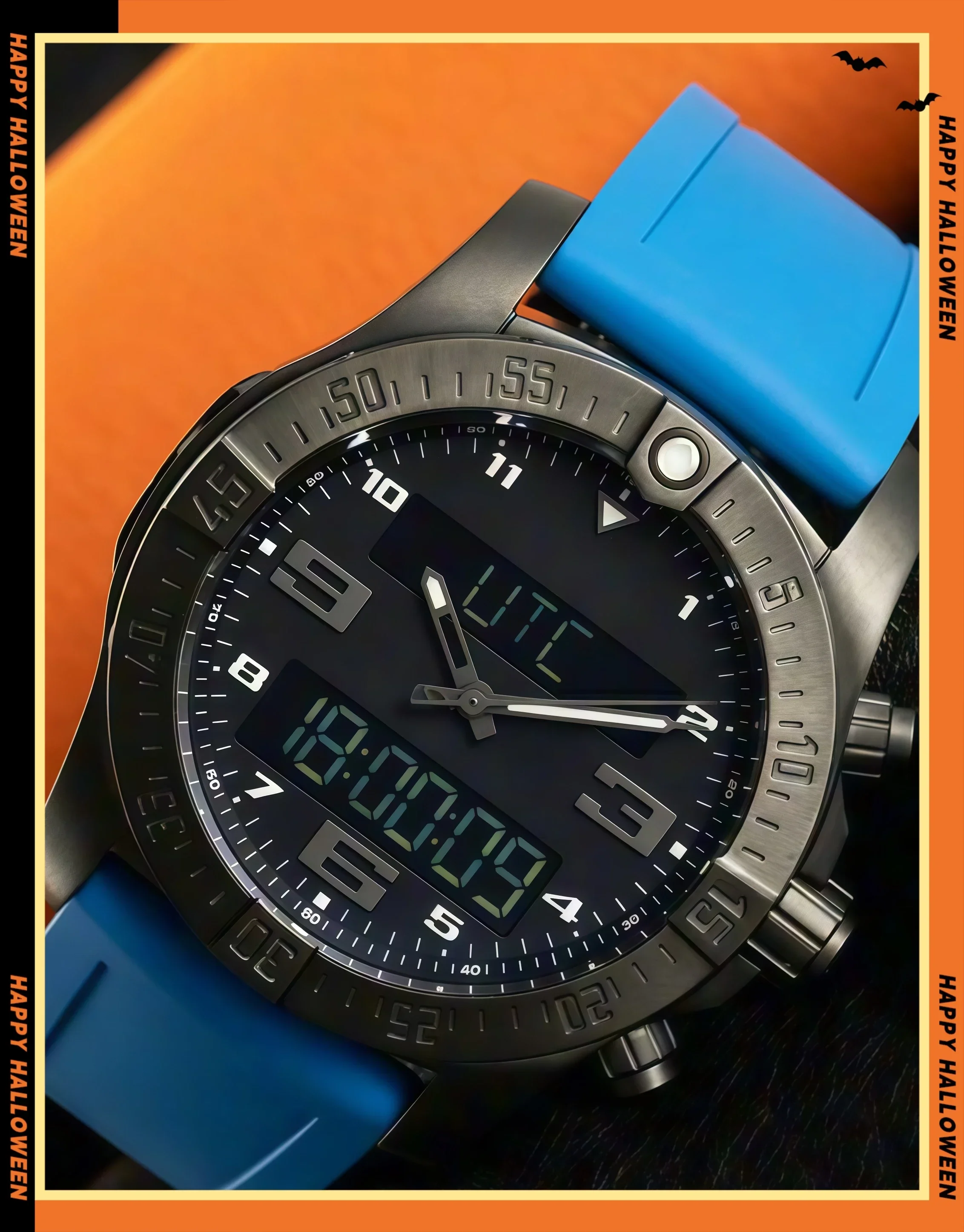 

A186. Store Customized Watches Men's Sports Watch, 44 mm, Digital Display, Black and Blue Rubber Strap