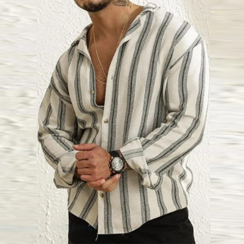 

Spring New Mens Casual Shirt Long Sleeve Buttoned Turn-down Collar Loose Shirts Beach Style Vintage Striped Print Oversize Tops