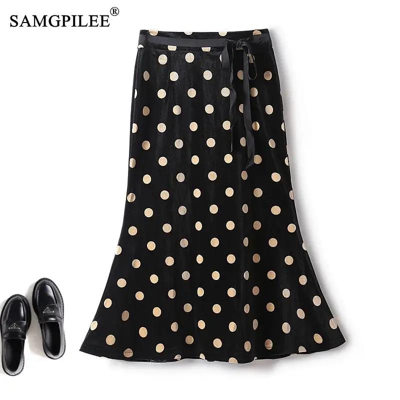 

2023 New Autumn Winter Sweet Polka Dot Korean Fashion Fishtail Skirt For Women Gold Velvet Waist Slim Drape Woman Clothing 4XL