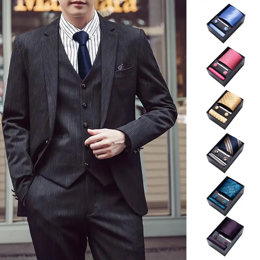 4Pcs/Set Popular Gift Box Tie Gentleman Versatile All Season Diagonal Stripe Men Tie Cufflinks Square Scarf Clip Set