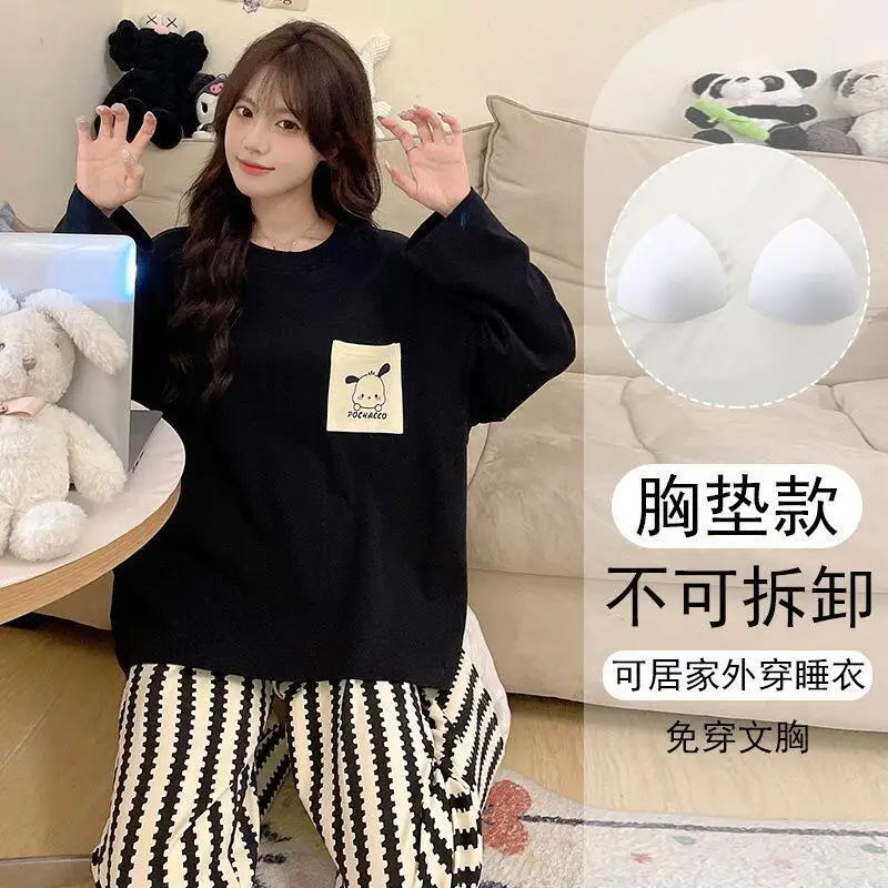 

Женский пижамный комплект Sanrio Hello Kitty, хлопковая одежда для сна для студентов, домашняя повседневная одежда, новая сезонная модель с длинными рукавами и вкладышами для бюстгальтера, милый дизайн