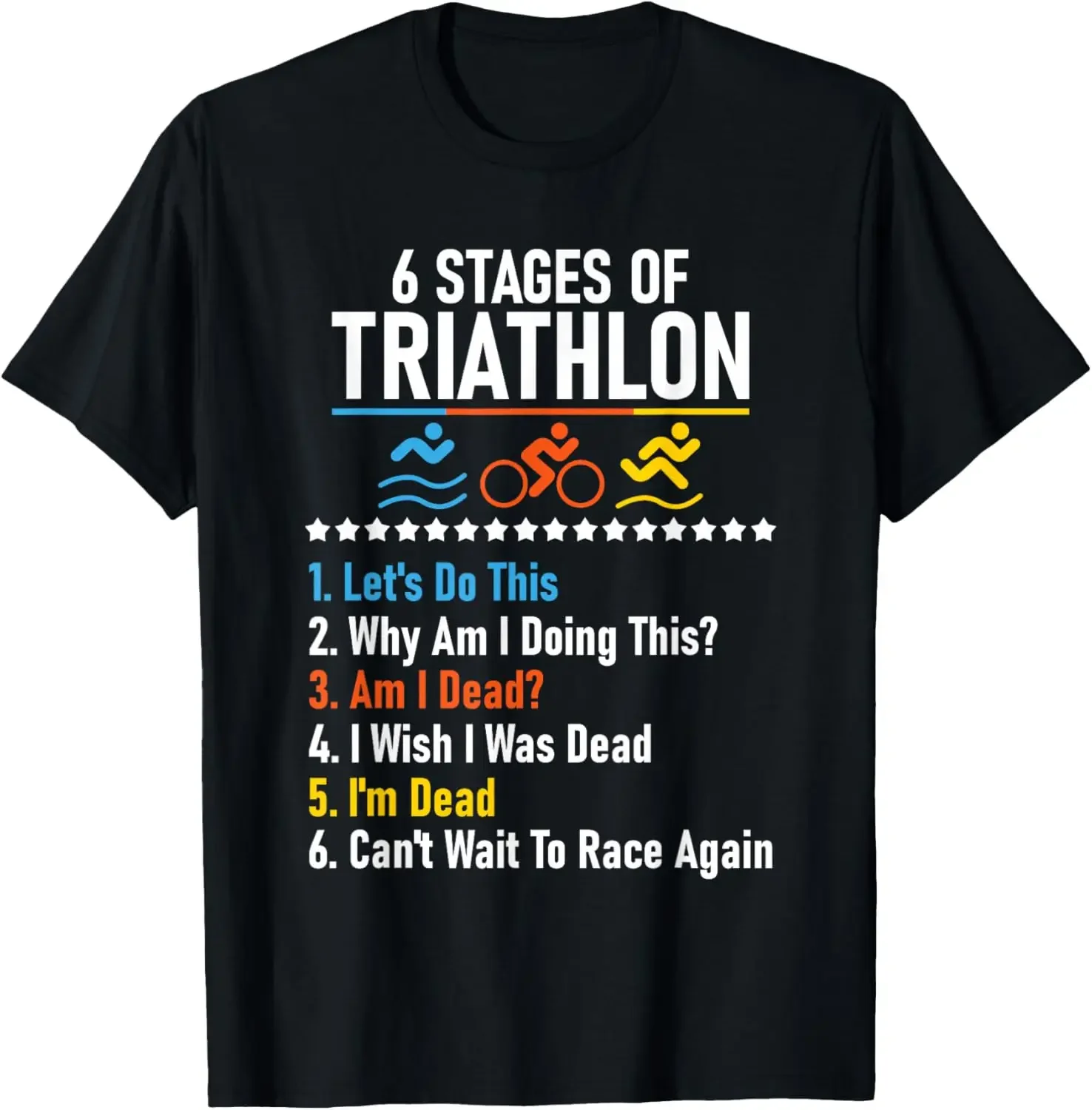 

6 Stages of Triathlon Funny Runner Cyclist Swimmer Graphic Tee Men's Cotton T-Shirt