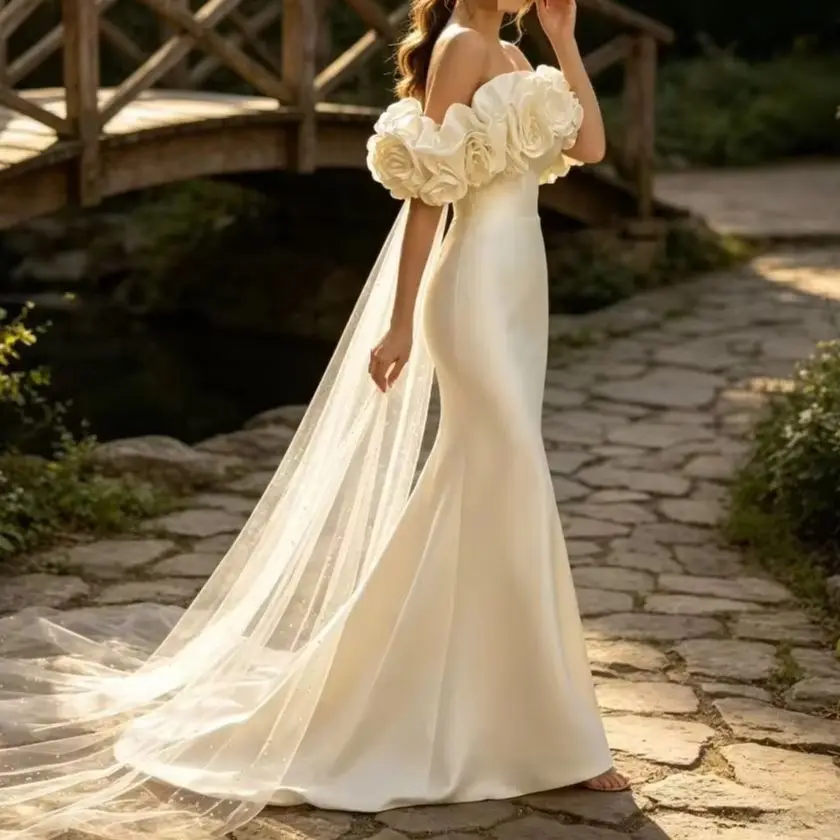Customized Popular Smooth Satin Off Shoulder Slim Fit Mermaid Wedding Dress 2026 Elegant Floral Chiffon Trailing Bridal Gown