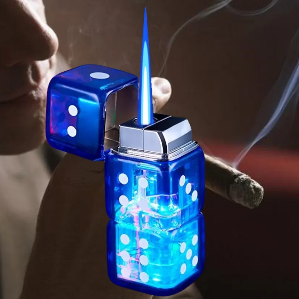 

Glowing Dice Inflatable Lighter Windproof Butane Torch Lighter Blue Jet Flame Metal Electronic Lighter Smoking Accessories Gift