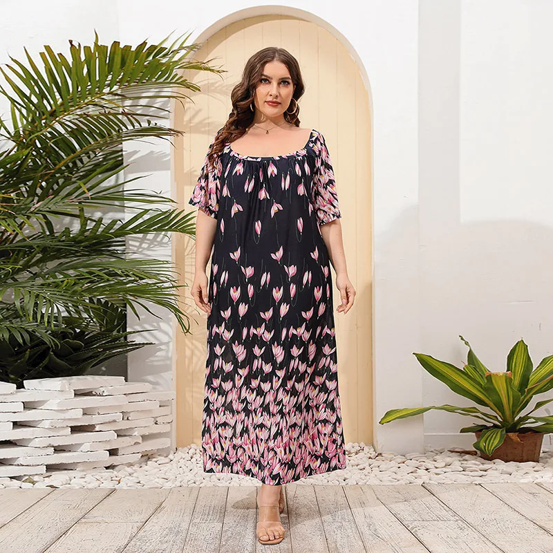 

Large size women's loose loungewear long dress short sleeve floral long dress fashionable simple elegant temperament high-end ho
