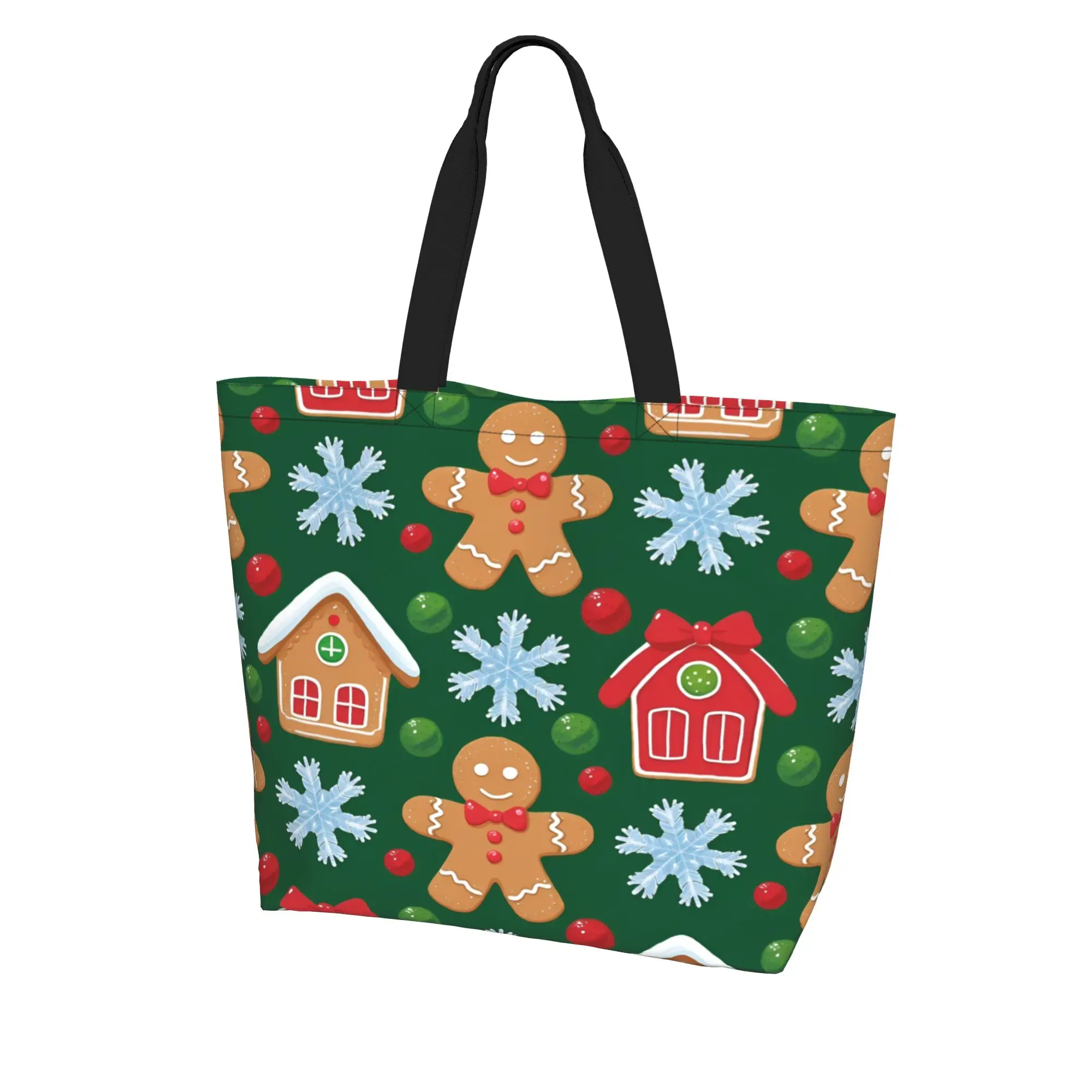

Festive Green Christmas Tote Bag with Gingerbread & Snowflake Print For Shopping And Going Out Bag