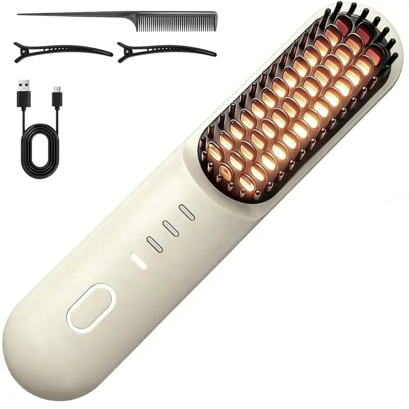 New Arrivals-Cordless Hair Straightening Brush, 4 Temperature Settings, Fast Heat, Mchceramic Care, For Frizz-Free Styling( Beig