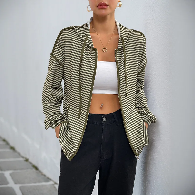 

Autumn Vintage Hoodied Sweatshirts Coats Long Sleeve Fashion Streetwear Casual Lazy Wind Loose Hooded Striped Jacket Women
