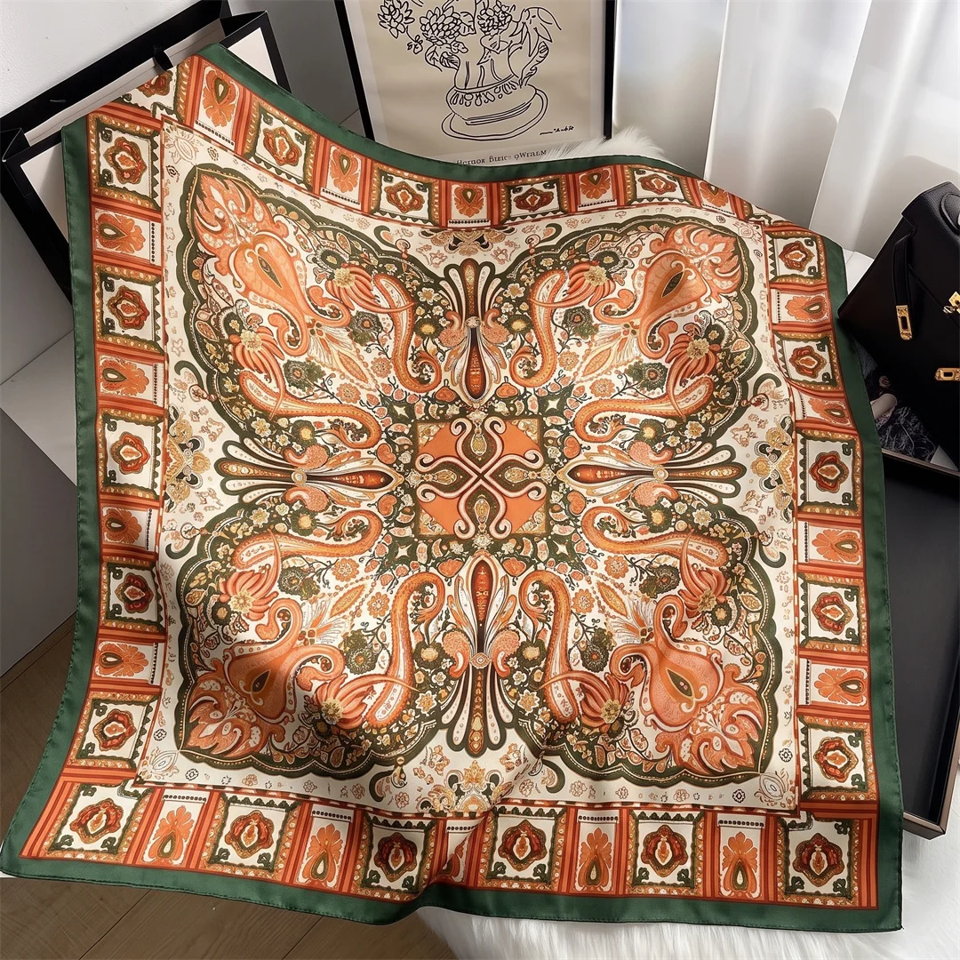 Fashion Square Silk Scarf 90cm Women Luxury Brand Satin Print Hijab Scarves Pareo Bandana Female Shawl Wrap Headband Foulard