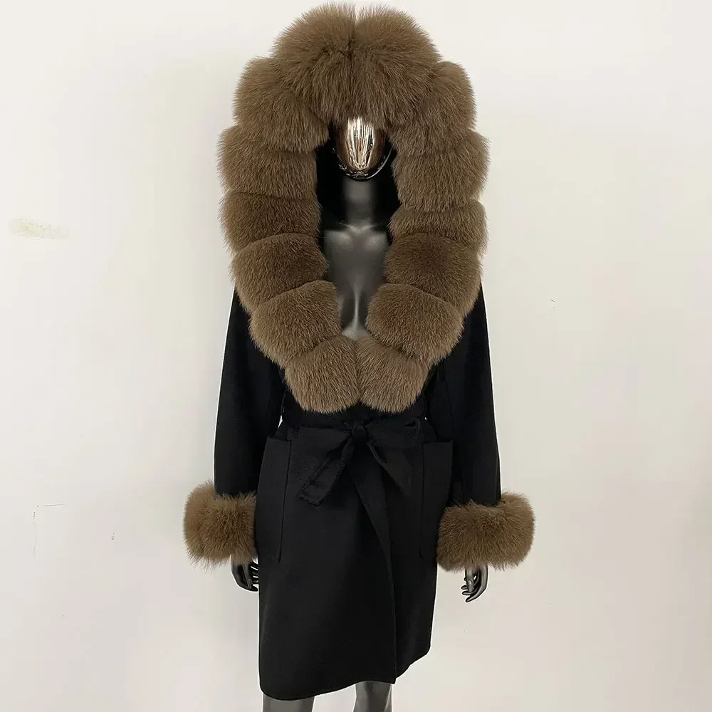 2024 novo outono inverno real casaco de pele de raposa feminino longo com capuz jaqueta de caxemira casaco de lã quente pele natural jaqueta de lã senhora
