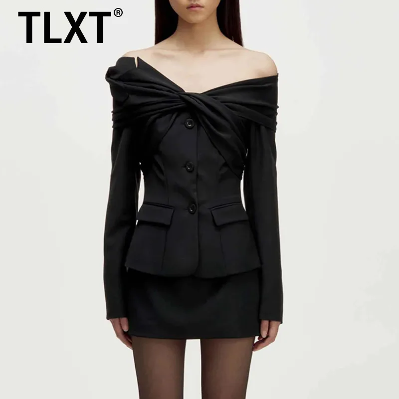 

TLXT Fashion Women's Solid Spliced Single Breasted Elegant Jackets Diagonal Collar Long Sleeves Patchwork Folds Jacket Female
