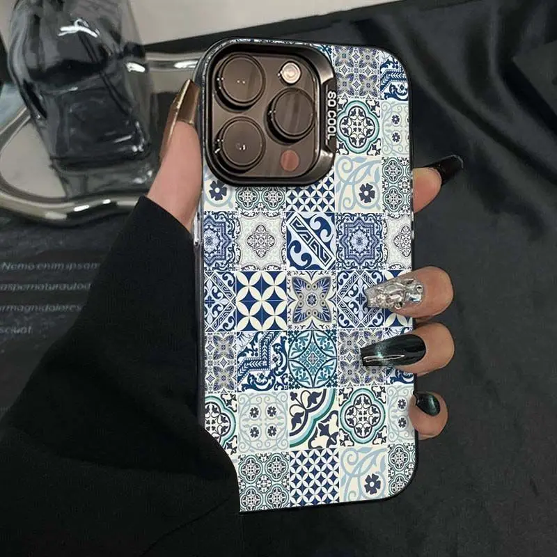 

Retro blue Persian design phone case for iPhone 16 15 14 13 12 11 Pro/ Max/Plus shock-proof rear cover anti-fingerprint