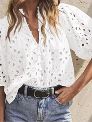Elegant Lace Shirt Women Sexy Hollowed Out Loose Blouse Lantern Short Sleeve Holiday Shirt Tops For Women Summer Womens Clothing