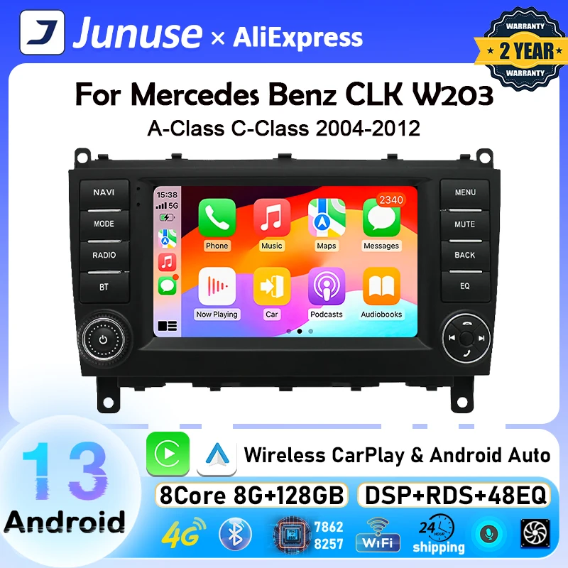 Junuse 2Din Android 13 CarPlay Car Radio for Mercedes Benz W203 W209 W219 A-Class A160 C-Class C180 C200 CLK200 C230 2004-2011