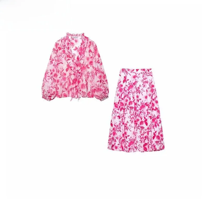 

ZBZR Spring New Faion Women's Print irt Layered Decoration Polyester Fiber Long Sve V-Ne Top And orts Set