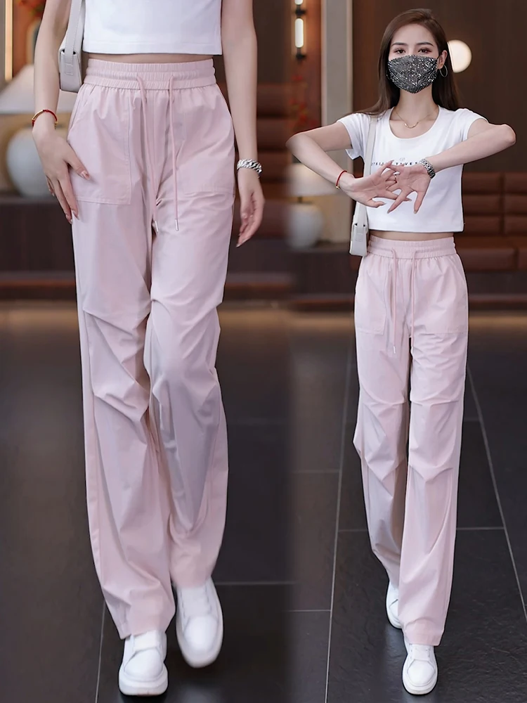 

Ice Silk Quick Dry Work Pants Women Summer Thin High Waist Loose Casual Narrow Version Wide Leg Sports Trousers Street Style