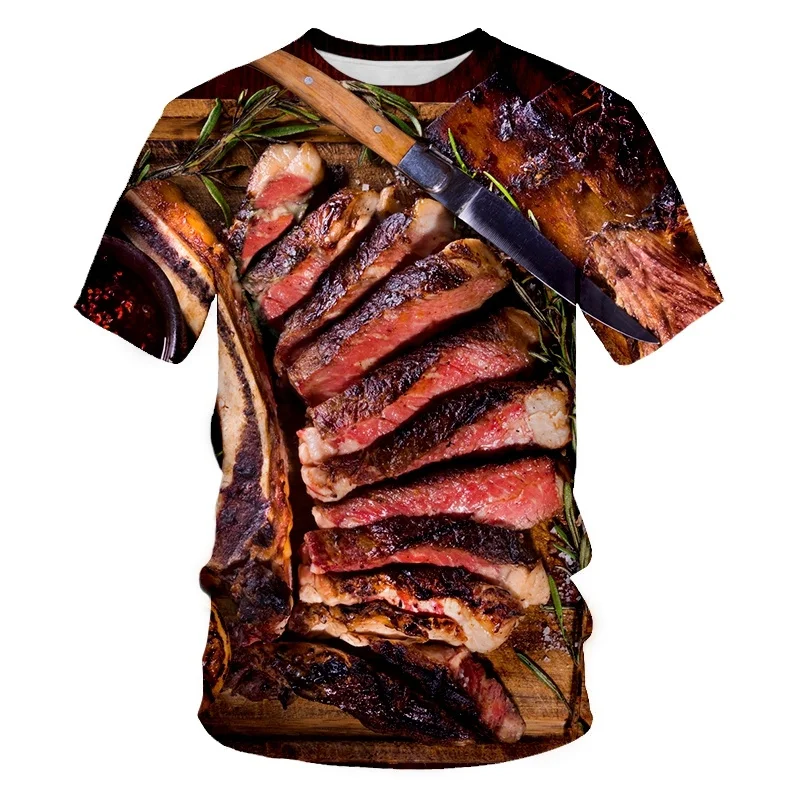 Camisetas con diseño de comida creativa para hombre, camisetas de verano de manga corta con estampado 3D de hamburguesa, Pizza, carne, patatas fritas, ropa para niños