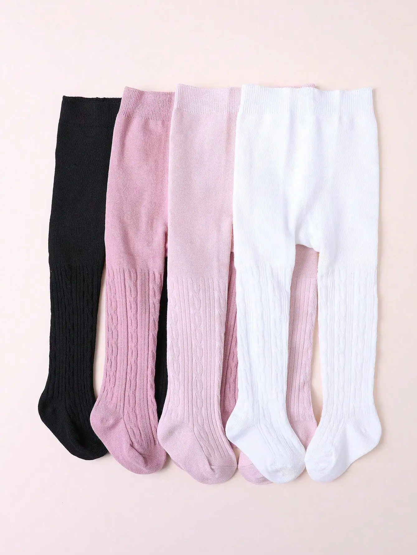 4Pcs Baby Girls Solid Cable Knit Tights Autumn Soft‑Stretch Elastic‑Waist Elegant Daily‑Match Pantyhose Leggings for Kids 0‑3Y