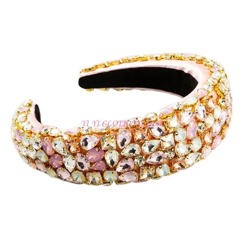 

N5KF Baroque Jewelry Chain Retro Bandana Women Thick Sponge Wide Hair Hoop Colorful Glass Drill for Rhinestone Dance