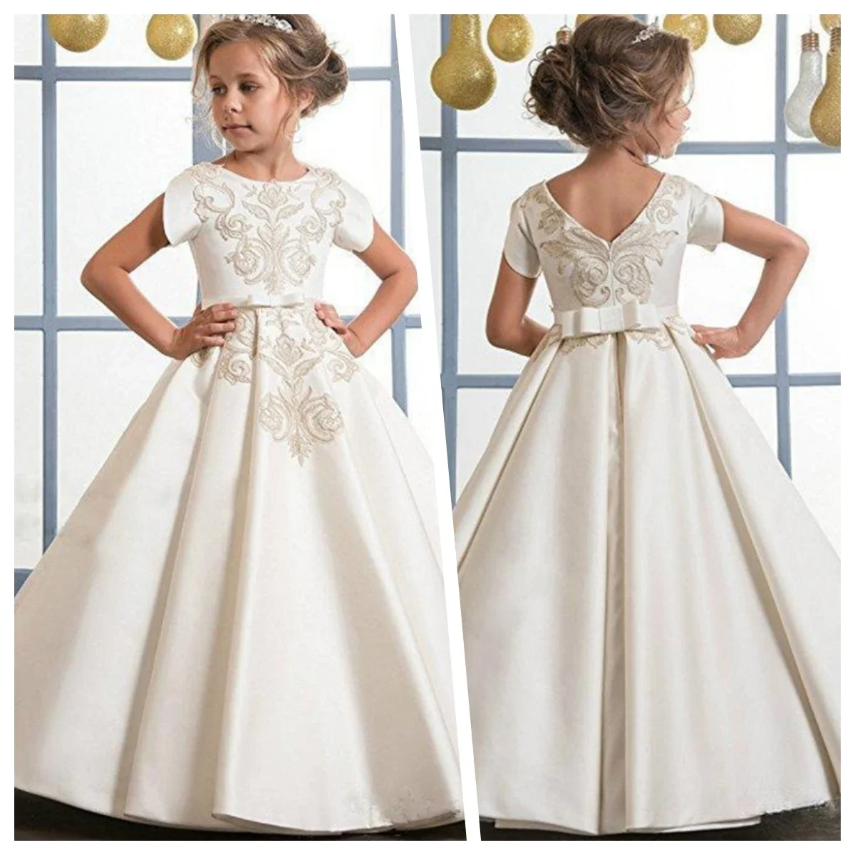 Vestido de flores para niña, hermoso bordado dorado para boda, escote en O, elegante, primera comunión