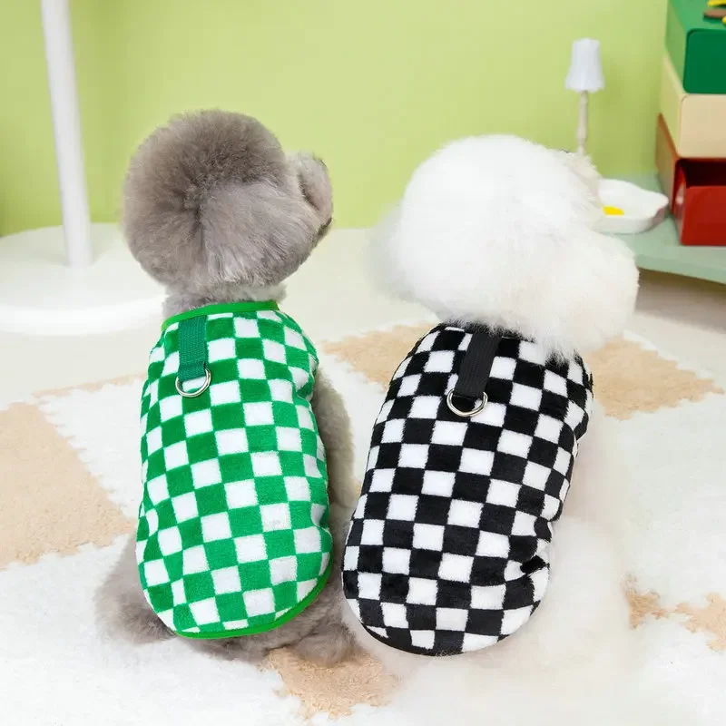 Dog Plaid Plush Hoodie Small Dog Autumn and Winter Plaid Plush Vest Teddy Bear Two Legged Plush Jacket Can Be Hung and Pulled