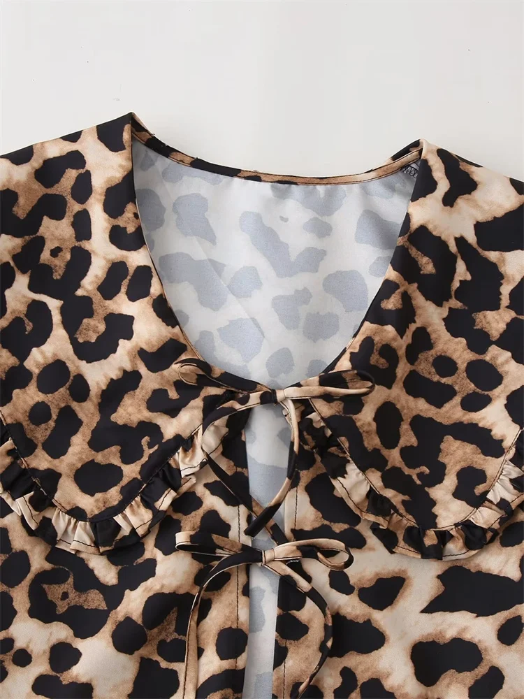 Zevity Women Fashion Agaric Lace Turn Down Collar Leopard Print Casual Smock Blouse Female Chic Bow Shirts Blusas Tops LS6197