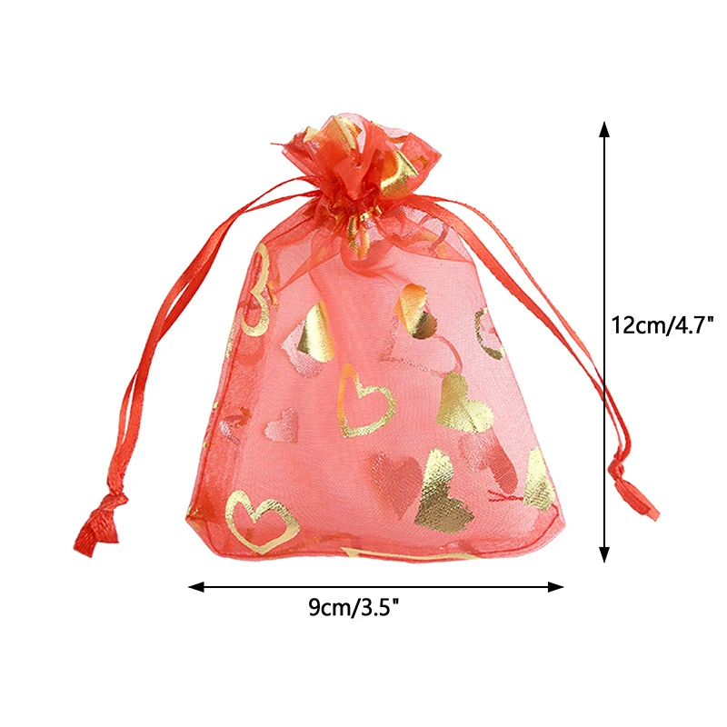 10PCS Love Heart Gift Organza Bag Gold Color Printing Drawstring Jewelry Pouch For Party Wedding