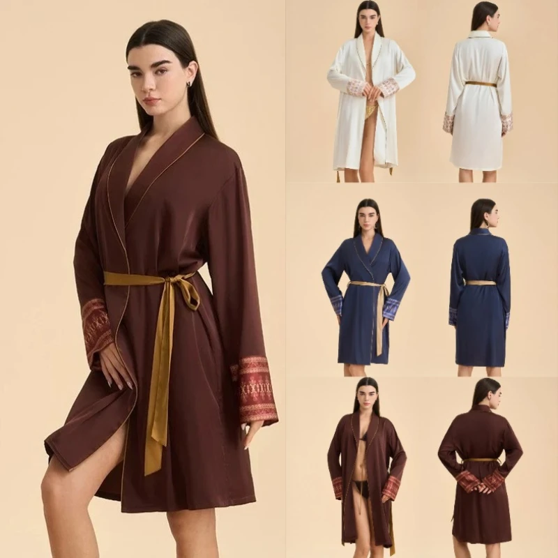 

Female Robe Kimono Home Dress Spring Summer Lapel Bathrobe Gown Negligee Lingerie Womens Satin Sleepwear Loungewear