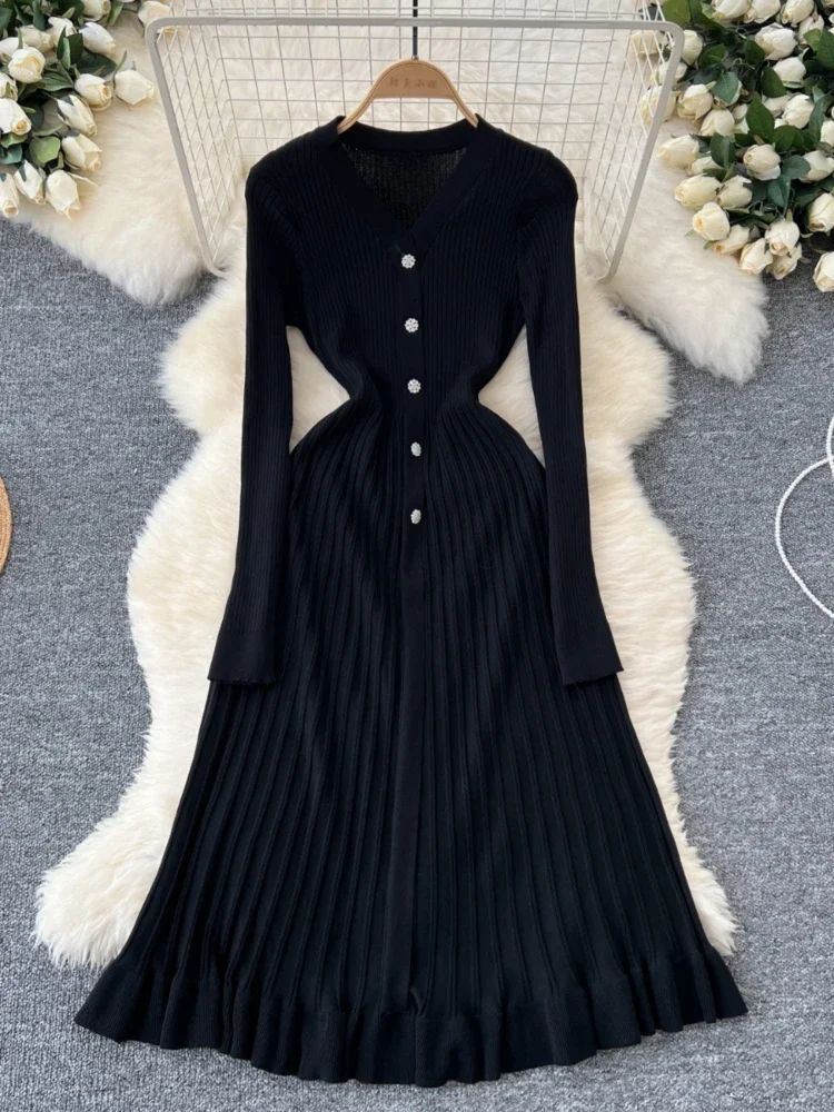 Autumn Winter Maxi Knitted Dress for Women Exuding SophisticatedV-neck Single Breasted Cinched Slim Sweater Dress Hot