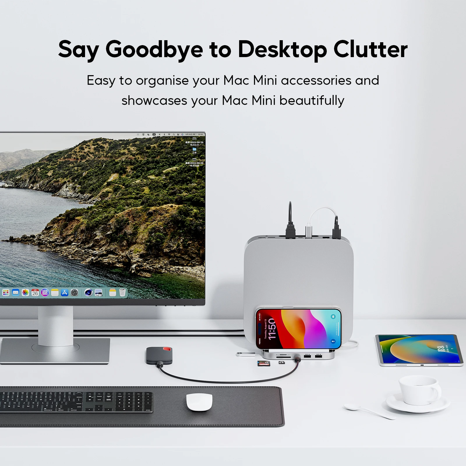 PULWTOP USB-C Stand Hub avec boîtier SSD pour Mac Mini, Mini Dock Mac Vertical 8 en 1, pour Mac Mini M2/M1 plus tard 2018