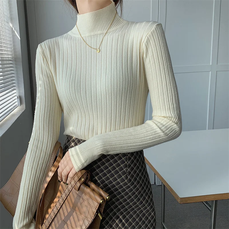 Red Color Casual Women Bottoming Sweater 2024 Spring Casual Basic Stand Neck Long Sleeve Pullovers Knitted Tops