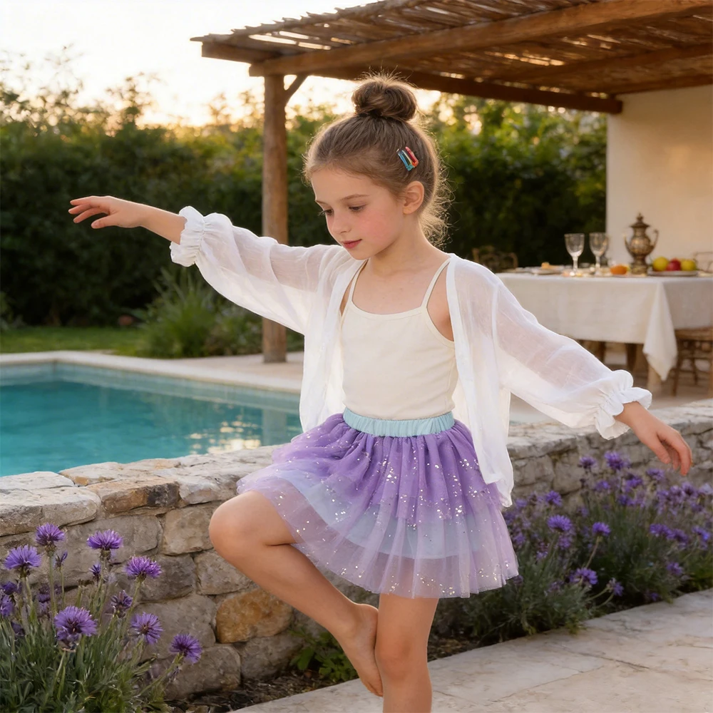 DXTON Baby Girls Mini Dancing Skirts Mesh Cake Children Petiskirts Sequin Blingbling Kids Girls Ballet Layer Skirt Clothing
