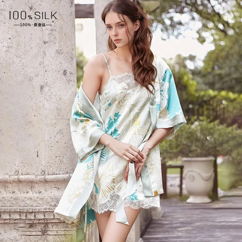 

Printed 100% Real Silk Slip Nightgown Lace Trim Sexy Kimono Bathrobe Nightdress Medium-sleeved Casual Chemise Sleepwear Pajama