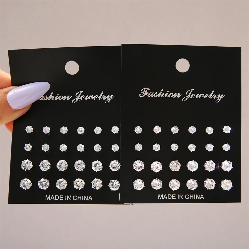 Maximum 36 Pairs Shiny Zircon Stud Earrings Set for Women Men Daily Versatile Chic Silver Color Crystal Ear Jewelry Accessories