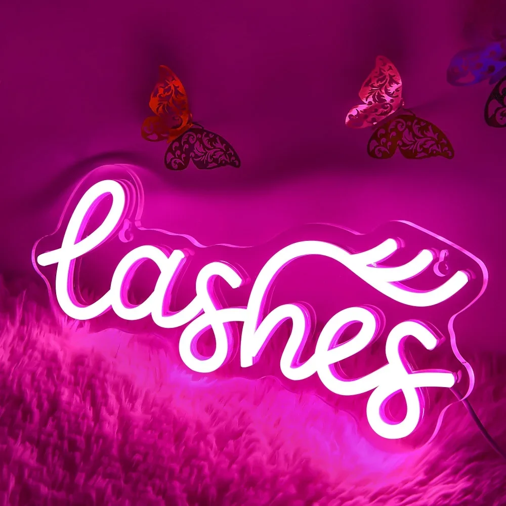 Lashes Neon Sign Led USB Neon Light for Wall Decor Pink Lights for Bedroom Lashes Salon Beauty Room Eyelash Business Makeup Room