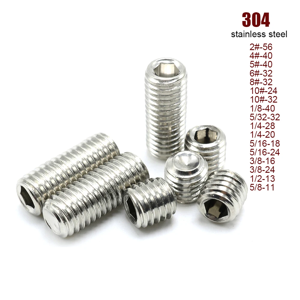 1/50pcs UNC UNF 2# 4# 5# 6# 8# 10# to 5/8-11 304 Stainless Steel Hex Hexagon Socket Allen Cup Point Grub Headless Bolt Set Screw